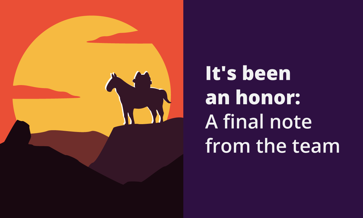 Broadcat riding a horse into the sunset